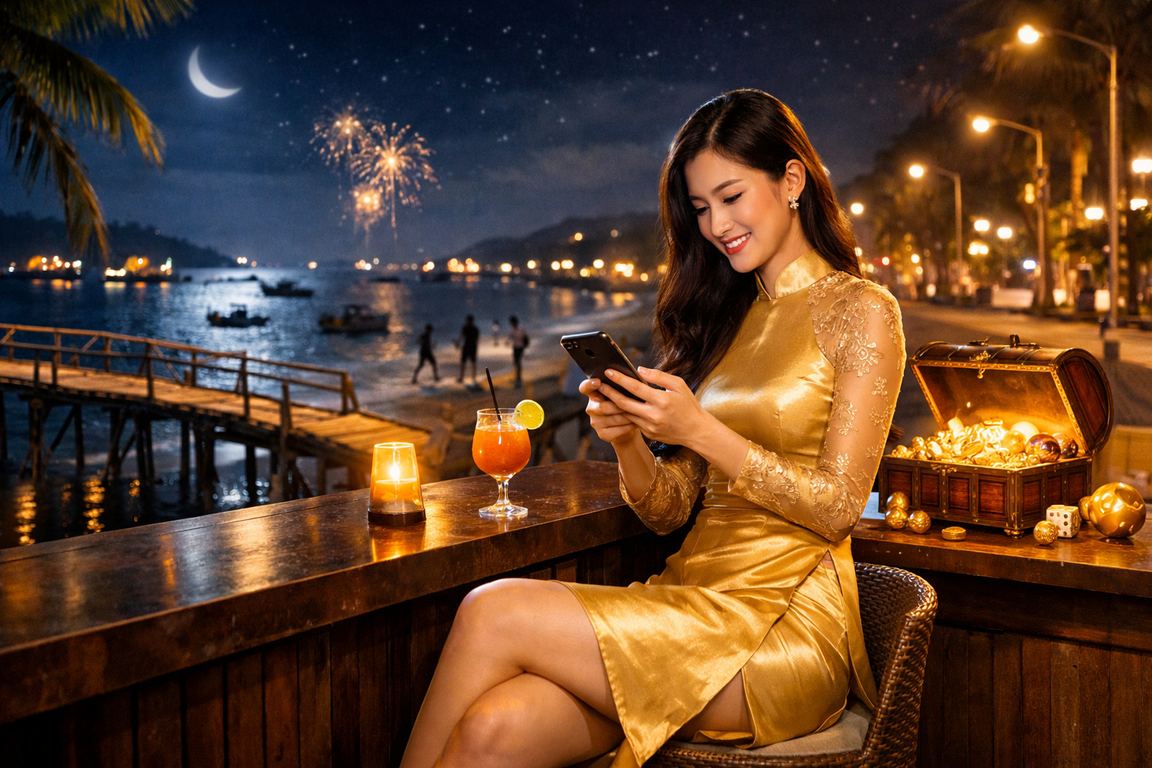 Người dùng Mũi Né mở trang cá cược thể thao trên điện thoại với áo dài truyền thống